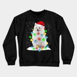 White Pomeranian Christmas Santa Hat Xmas Tree Color Lights Crewneck Sweatshirt